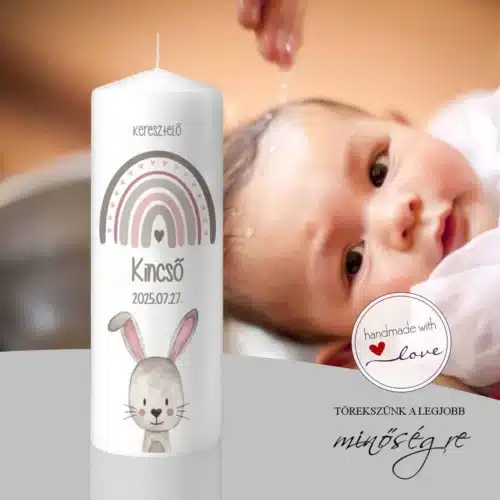 Bájos nyuszi keresztelő gyertya egyedi személyre szabható