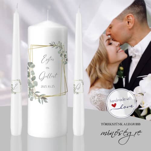 Eukaliptusz elegancia esküvői gyertya szett egyedi személyre szabható