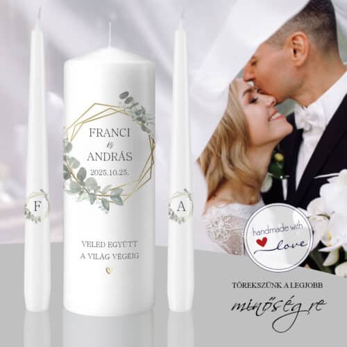 Eukaliptusz harmónia esküvői gyertya szett egyedi személyre szabható