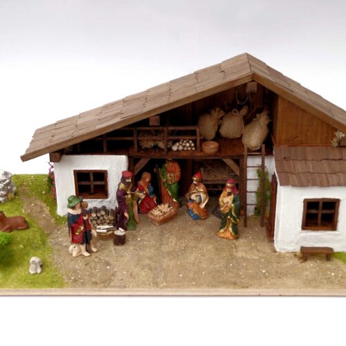 Kézzel készített fa betlehemi jászol beépített LED világítással