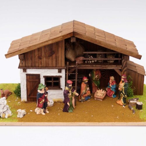 Kézzel készített fa betlehemi jászol beépített LED világítással