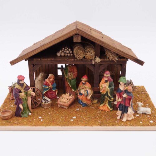 Kézzel készített fa betlehemi jászol beépített LED világítással