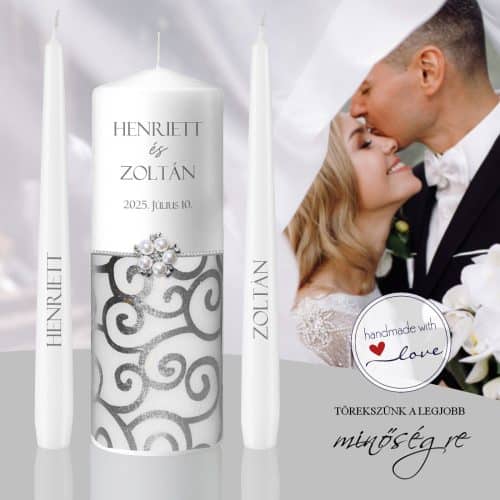 Ezüst elegancia esküvői gyertya szett egyedi névre szóló kézmműves