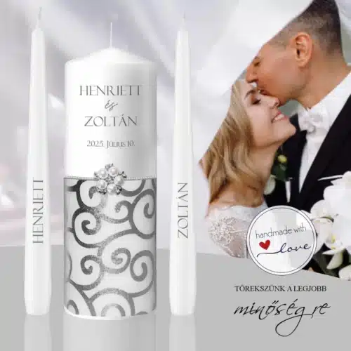 Ezüst elegancia esküvői gyertya szett egyedi névre szóló kézmműves
