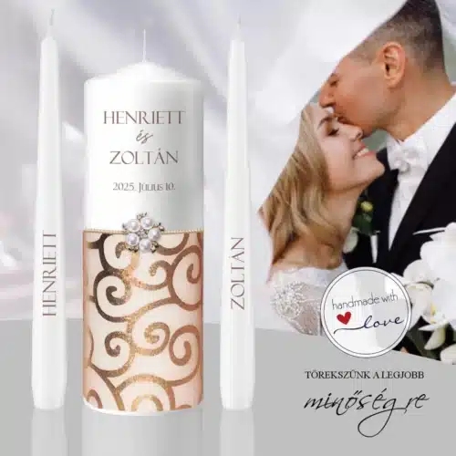 Rosé elegancia esküvői gyertya szett egyedi névre szóló kézmműves