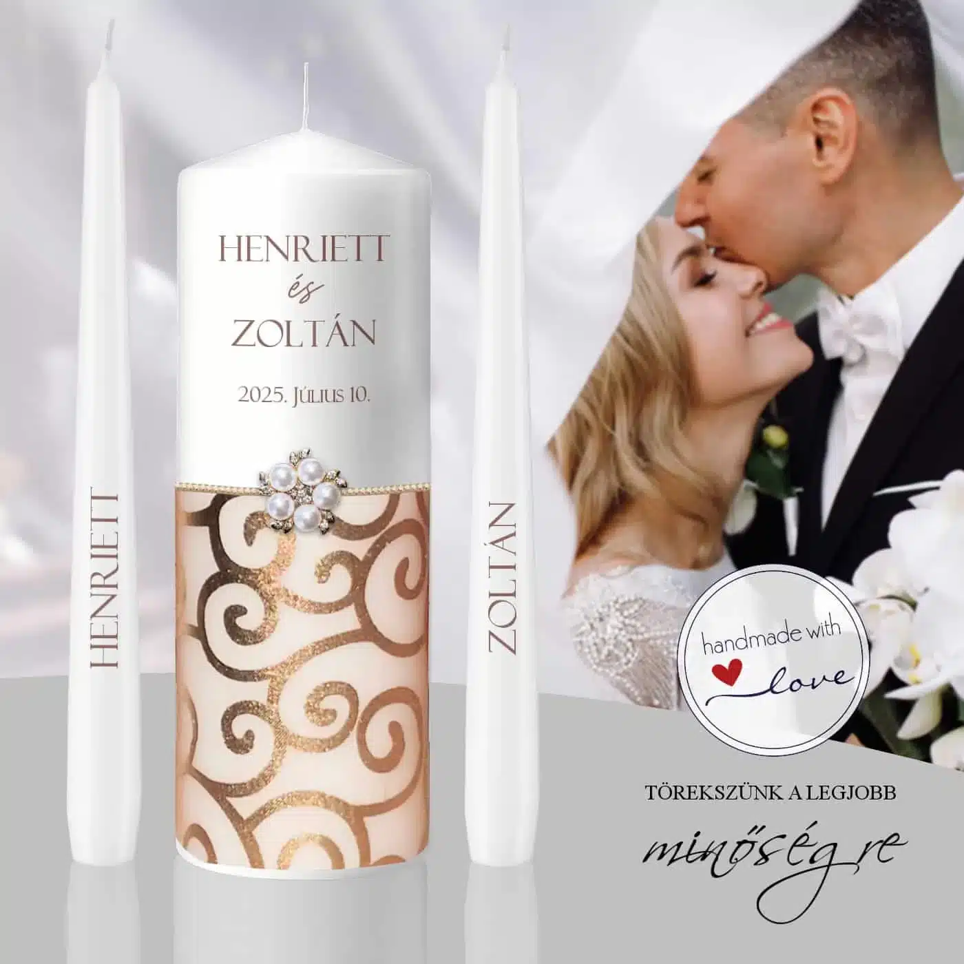 Rosé elegancia esküvői gyertya szett egyedi névre szóló kézmműves